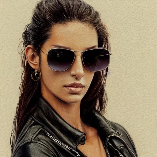 Prompt: Portrait of a Brazilian Supermodel wearing sunglasses and a leather jacket, Watercolor, photorealistic, high resolution, award winning, trending on artstation, olive skin, long dark hair, beautiful bone structure, intricate, elegant, highly detailed, digital painting, artstation, concept art, smooth, sharp focus, illustration, art by artgerm and greg rutkowski and alphonse mucha