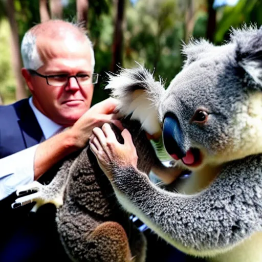 Image similar to scott morrison battles an angry koala over a wad of money