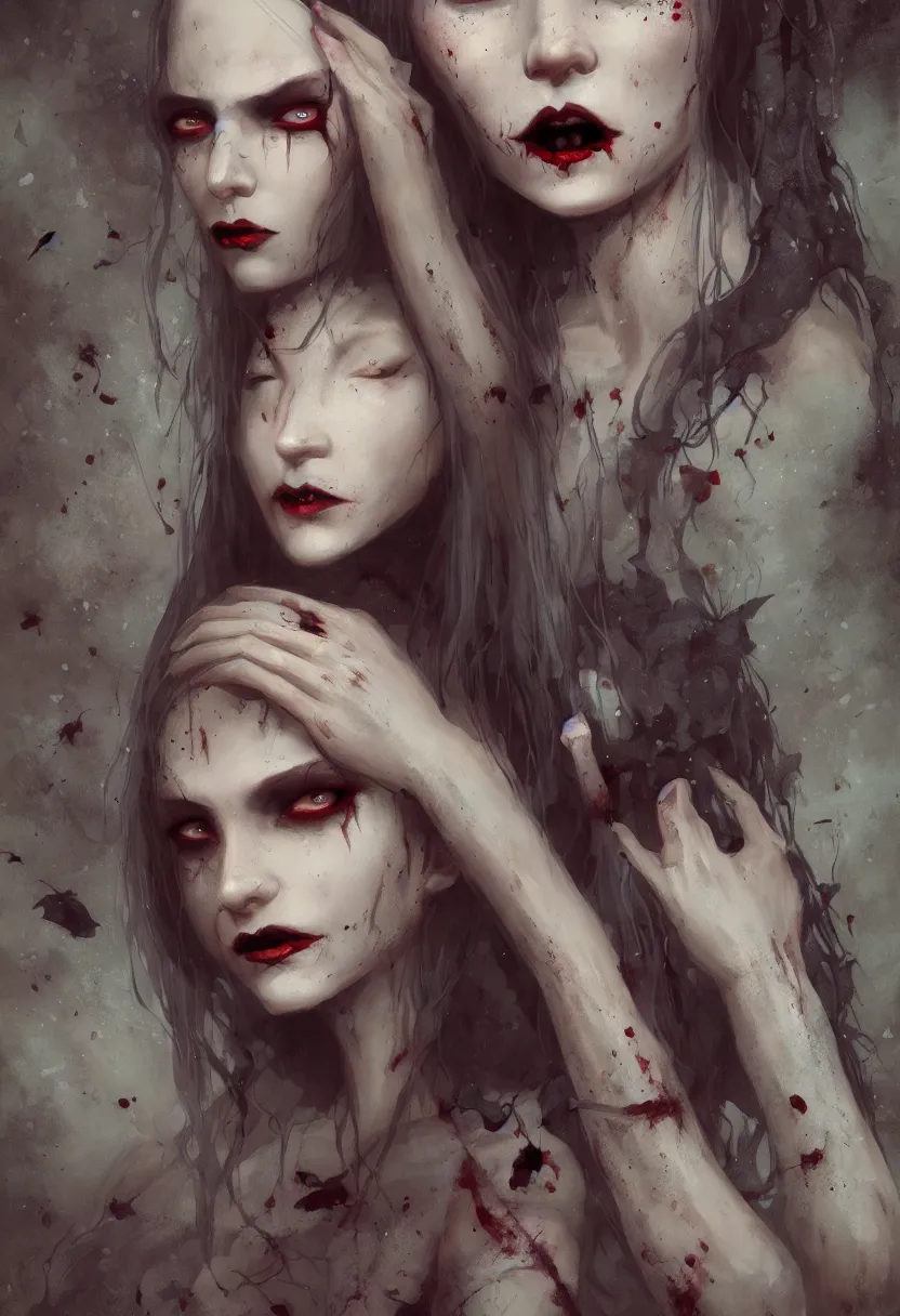 Image similar to beautiful, very very very extreme closeup portrait, bloody, vampire girl, extreme blood, vampire fangs, medieval dress. witch, makeup. unreal engine, greg rutkowski, loish, rhads, beeple, tom bagshaw, alphonse mucha, global illumination, detailed and intricate environment