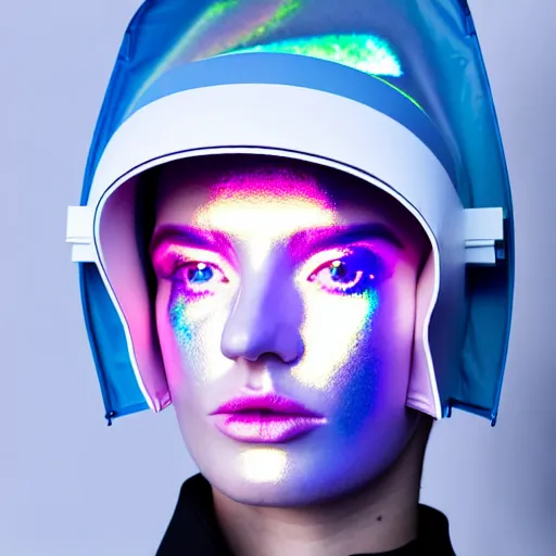 Prompt: an ultra high definition professional studio quality photograph of an artificially intelligent celebrity cyberpunk pop star wearing a transparent iridescent pastel coloured face visor and matching raincoat on white coat hook in a sheer icelandic black rock environment. dramatic lighting. volumetric shadows. light rays