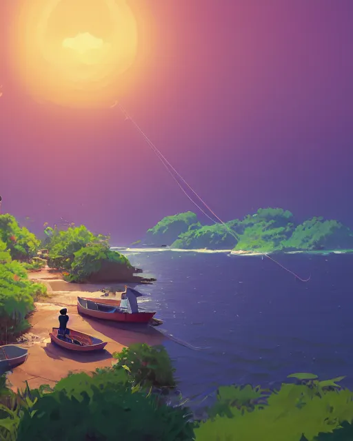 Prompt: small fishing boats around turtle shaped island, lush vegetation, azure water, glowing light, cory loftis, james gilleard, atey ghailan, makoto shinkai, goro fujita, studio ghibli, rim light, exquisite lighting, clear focus, very coherent, plain background, soft painting