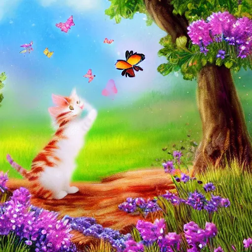 Prompt: fluffy cute calico kitten playing with butterfly in spring meadow landscape detailed painting 4k