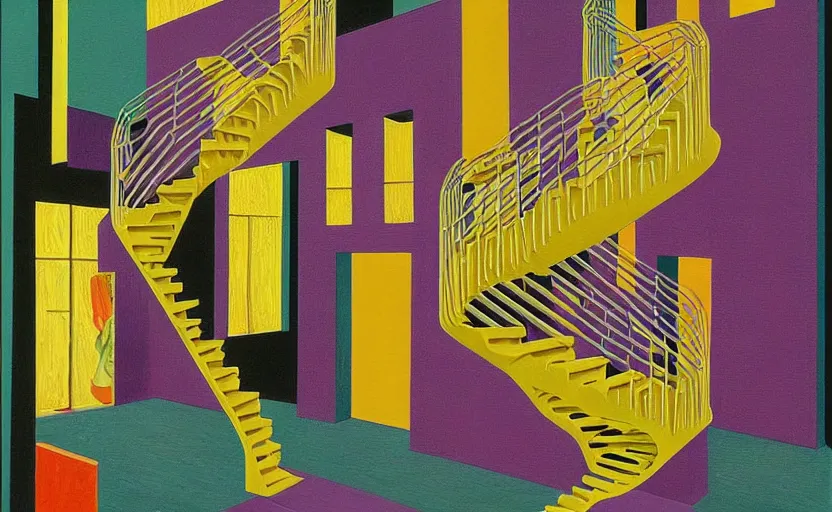 Prompt: twisted staircases. detailed abstract painting by josef albers, by mc escher, by raqib shaw, japanese popsurrealism,