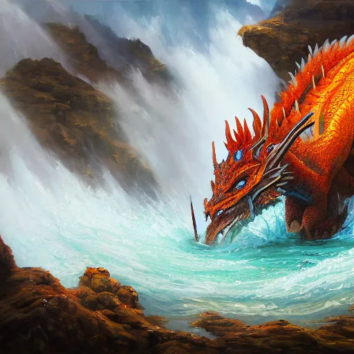 Image similar to highly detailed oil painting of a western dragon emerging from a hotspring, fantasy, featured on artstation