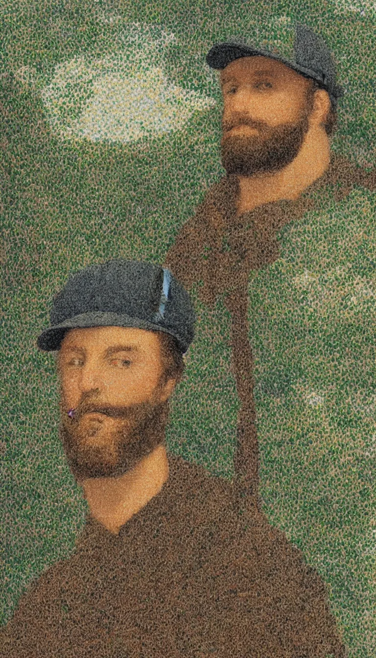 Prompt: portrait of a white man with a black baseball cap and brown beard on the summit of a forested mountain in the style of pointillism, abstract art