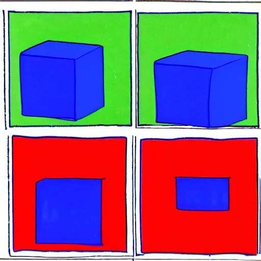 Prompt: from a 5th grade math textbook: two vertical panels, in the top panel is a blue cube, in the bottom panel is a red sphere