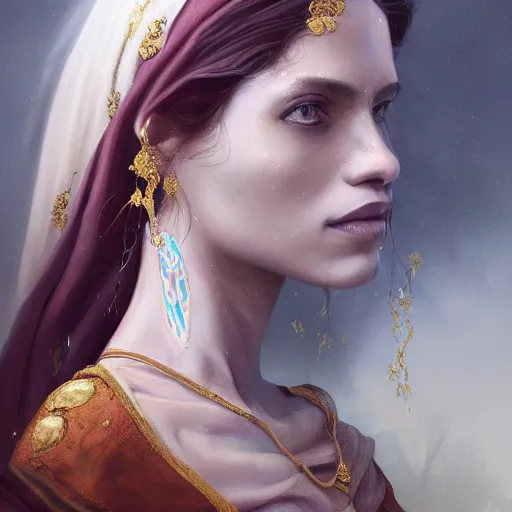 Prompt: portrait of a srilankan woman, white horse, roses, dreamy, fantasy, pain, intricate, elegant, highly detailed, digital painting, artstation, concept art, matte, sharp focus, illustration, octane render, unreal engine, art by aenaluck and roberto ferri and greg rutkowski, epic fantasy, digital painting