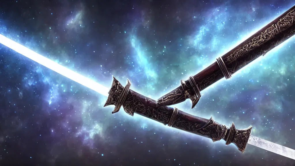 Image similar to broad sword filled with universe, milky way, 3 feet long, cinematic lighting, concept art, inscriptions, hyper detailed, octane render, 4 k, 8 k