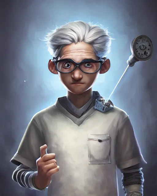 Prompt: An epic fantasy comic book style portrait painting of a normal !young man in a laboratory, !!really short gray hairs, round face, wearing a shirt with horizontal stripes, handling laboratory equipment, character design by Mark Ryden and Pixar and Hayao Miyazaki, unreal 5, DAZ, hyperrealistic, octane render, cosplay, RPG portrait, dynamic lighting, intricate detail, summer vibrancy, cinematic