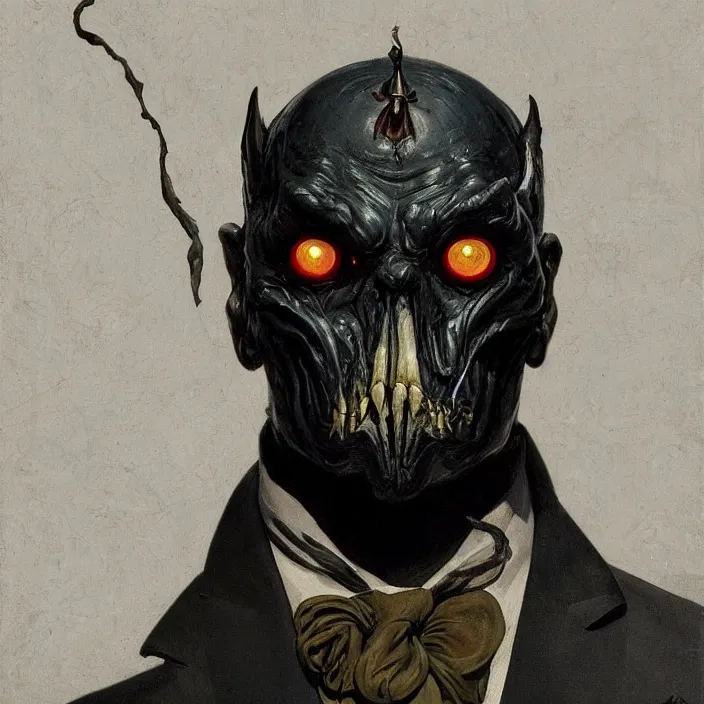 Image similar to excellent painted portrait of a terrifying evil inhuman shadowy monster in a 1940s vintage suit, high quality painting with detailed face and burning frightening eyes, 8k resolution, trending on artstation, octane render, art by artgerm and greg rutkowski and alphonse mucha and craig mullins and James Jean and Andrei Riabovitchev and Marc Simonetti and peter mohrbacher, sharp focus, smooth