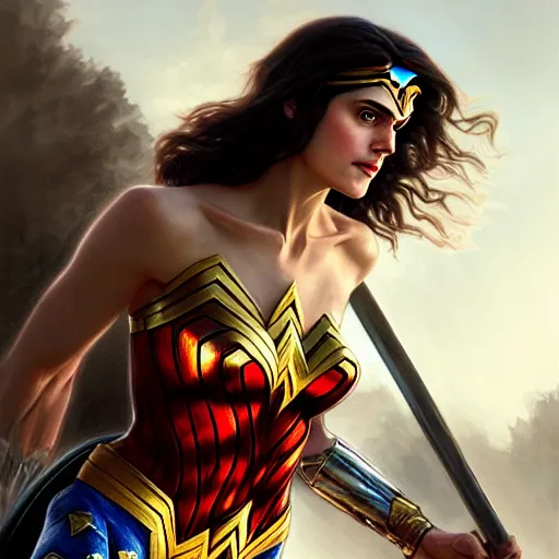 Image similar to Beautiful Alexandra Daddario as Wonder Woman, western, D&D, fantasy, intricate, elegant, highly detailed, digital painting, artstation, concept art, matte, sharp focus, illustration, art by Artgerm and Greg Rutkowski and Alphonse Mucha