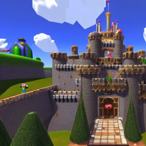 Prompt: Super mario 64 castle, rendered in unreal engine, hyper detailed, wide view