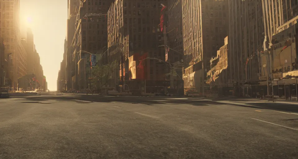 Image similar to the german shepherd of I am legend in new york, octane render, unreal engine, sundown, empty streets