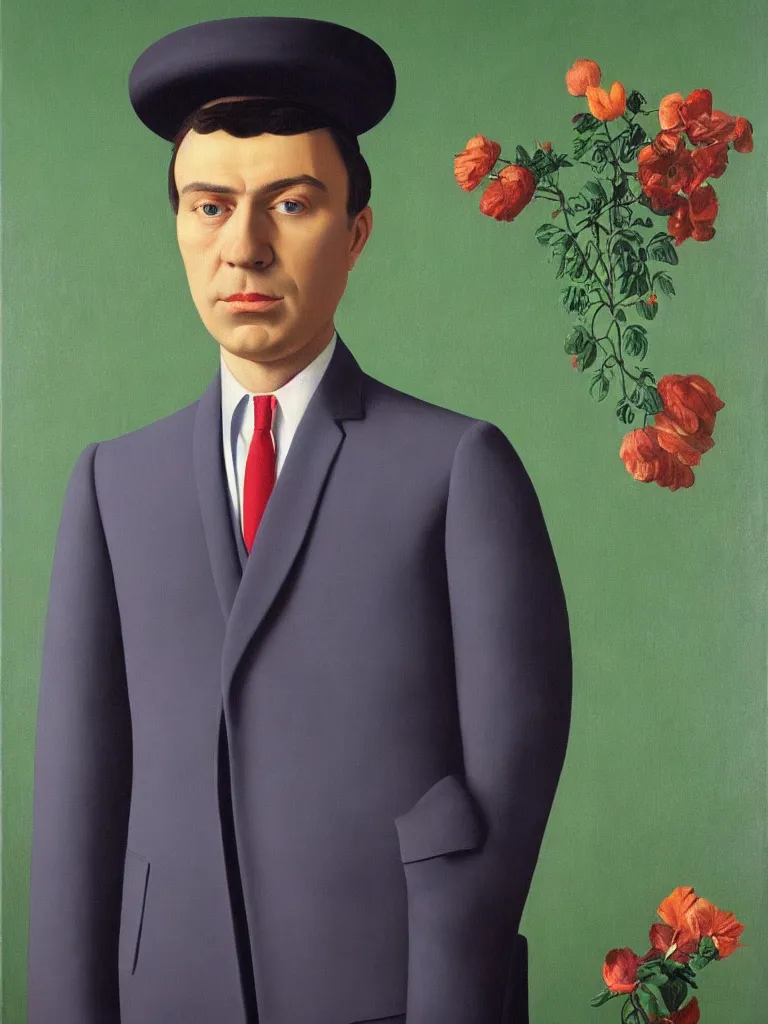 Image similar to portrait of man in a suit that has flowers instead of head by rene magritte, detailed painting, hd, hq, high resolution, high detail, 4 k, 8 k