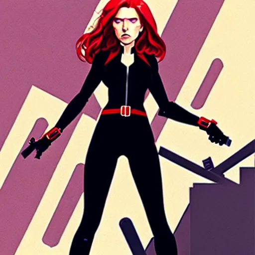 Image similar to phil noto comicbook cover art, black widow marvel, symmetrical eyes, long red hair, full body, city rooftop