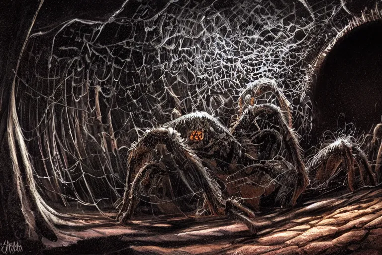 Prompt: a close - up view of a monstrous tarantula in a dark foreboding tunnel, with cobwebs, in the style of joe jusko, dramatic lighting, atmospheric, low angle, wide angle, very realistic, concept art, highly detailed digital painting, trending on artstation