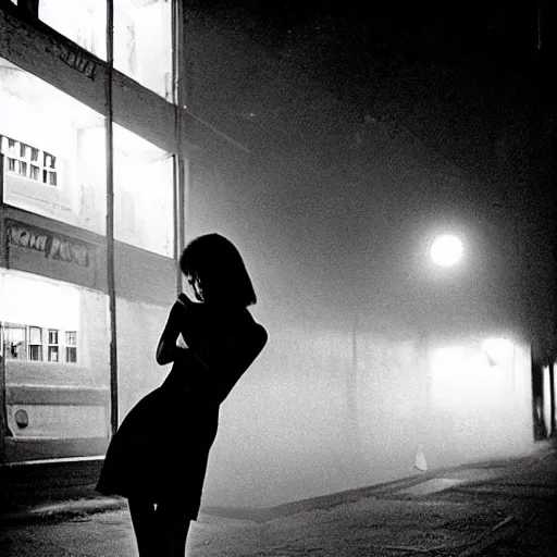 Prompt: foggy neon night, long legged sayaka isoyama leaning back against a wall in a black minidress smoking a cigarette outside a neon lit entrance, 1 9 7 0 s, intricate, moody, tasteful, intimate, highly detailed, short focus depth, artgerm, daido moriyama