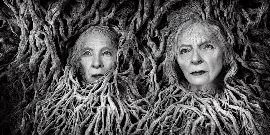 Image similar to photography of old ugly witch living in a root cave, edelweiss growing from her head, forest, dolomites, alpine, detailed intricate insanely detailed octane render, 8k artistic 1920s photography, photorealistic, black and white, chiaroscuro, hd, by David Cronenberg, Raphael, Caravaggio