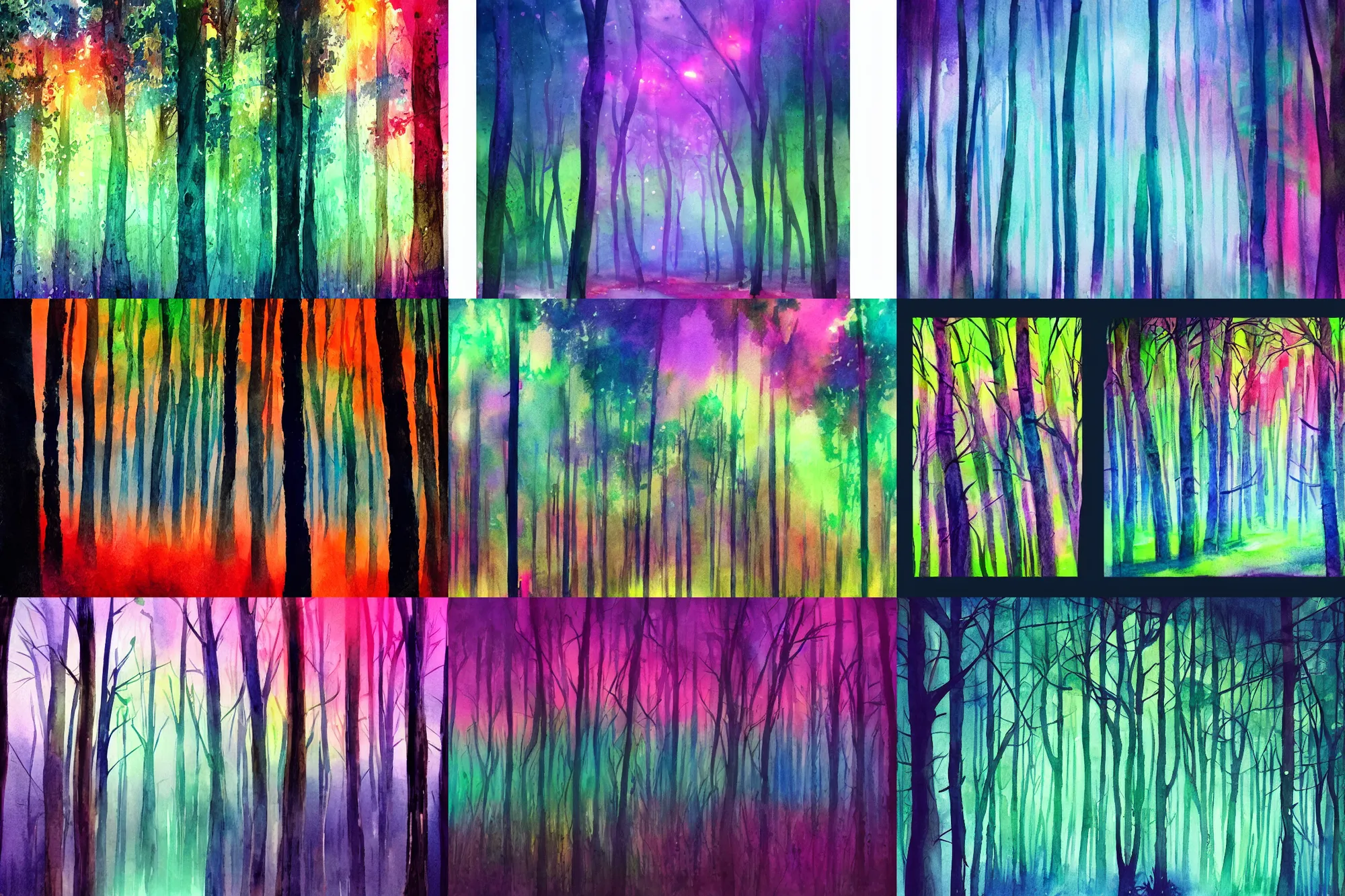 Prompt: Neon forest, high quality watercolors, award winning, trending on ArtStation