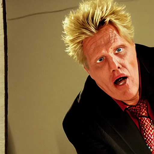 Image similar to gary busey, dirty in his face, wearing a messed up business suit