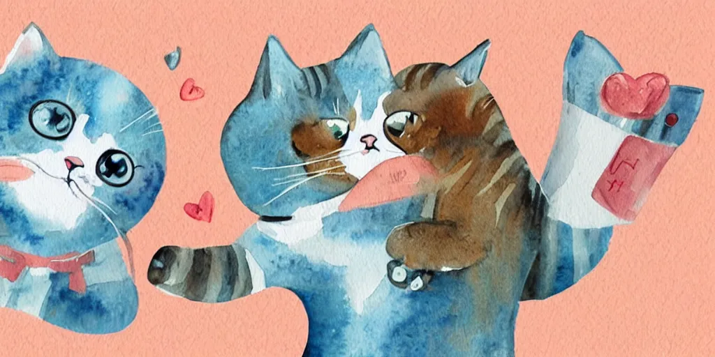 Prompt: watercolor illustration style, cute cat call by phone