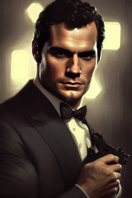 Prompt: portrait of henry cavill as james bond, rifling intro, highly detailed, digital painting, artstation, concept art, cinematic lighting, sharp focus, illustration, art by artgerm and greg rutkowski and alphonse mucha