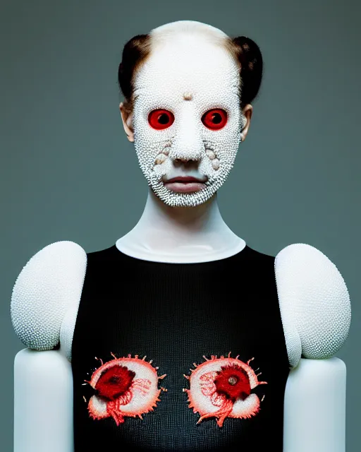 Image similar to portrait of a woman wearing a white embroidered translucent silicone mask and white red frizzy hair buns, wearing a black bodysuit by alexander mcqueen, cream white background, soft diffused light, biotechnology, humanoide robot, bjork aesthetic, translucent, by rineke dijkstra, intricate details, highly detailed, masterpiece,