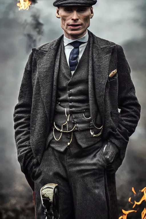 Prompt: Full-body portrait of Cillian Murphy in Peaky Blinders standing, fire in the background, dramatic, gloomy, dark, bleak, cheerless, desolate, impressive, tragic, cinematic, dull colours, dark colour scheme, atmospheric by Christopher Nolan