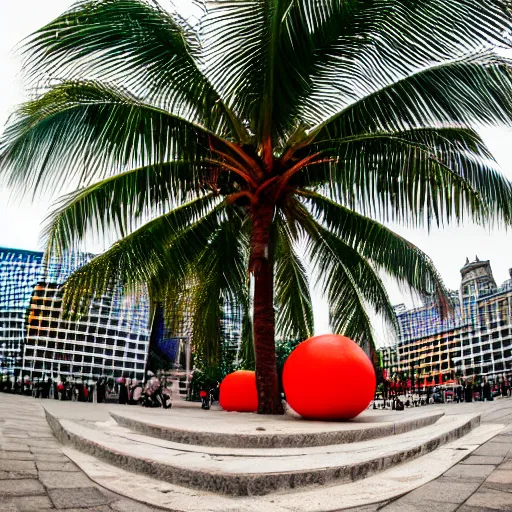 Prompt: symmetrical photo of giant coconut on red square, super wide shot, 1 2 mm, bokeh