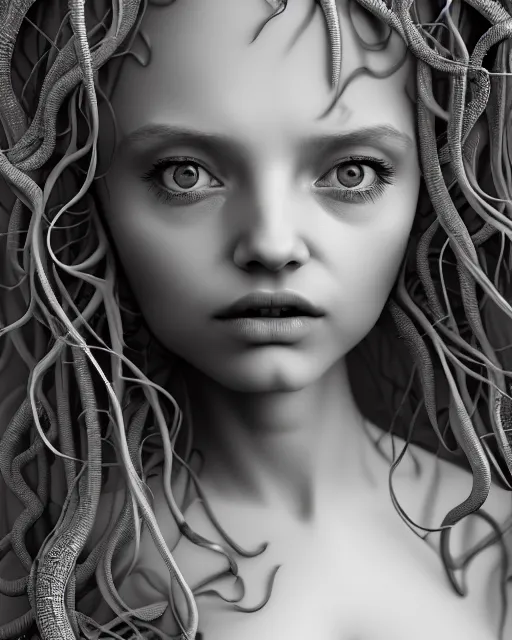 Image similar to mythical dreamy underwater artistic black and white 3 d render of a translucent beautiful young female angelic - medusa - vegetal - doll, highly detailed, intricate crystal ivy jelly ornate, poetic, translucent algae ornate, digital art, octane render, 8 k artistic photography, photo - realistic, hg giger flora borsi