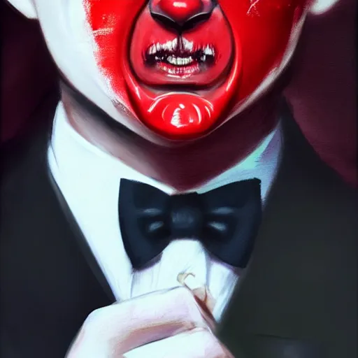 Prompt: full face shot of a handsome butler with straight black hair, a red highlight, long bangs, with alligator eyes, creepy smile, fancy, ultra detailed, brush strokes, digital painting, cinematic, wlop artstation, pixiv, intimidating glare, yoshitaka amano, andy warhol, ultra realistic,