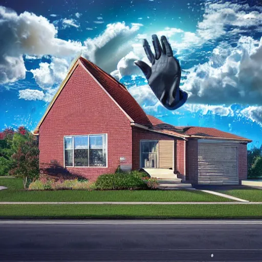 Prompt: a giant hand coming from the sky and picking up a house in a suburban neighborhood, photorealistic, view from window