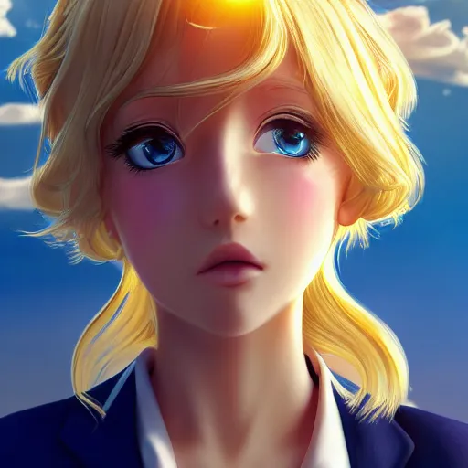 Image similar to blonde - haired princess, anime princess, wearing blue suit, golden hour, partly cloudy sky, sepia sun, strong lighting, strong shadows, vivid hues, ultra - realistic, sharp details, subsurface scattering, intricate details, hd anime, 2 0 1 9 anime