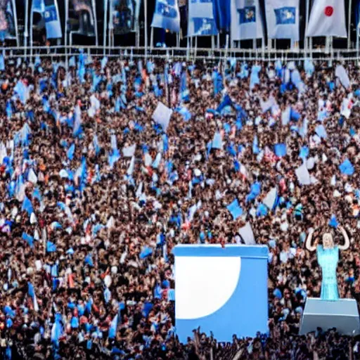 Image similar to Lady Gaga as president, Argentina presidential rally, Argentine flags behind, bokeh, giving a speech, detailed face, Argentina