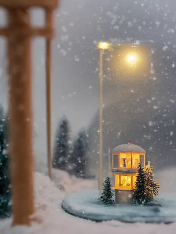 Image similar to small diorama a soviet residential building inside snow globe, lights are on in the windows, cozy atmosphere, fog, cold winter, snowing, streetlamps with orange volumetric light, birches nearby,