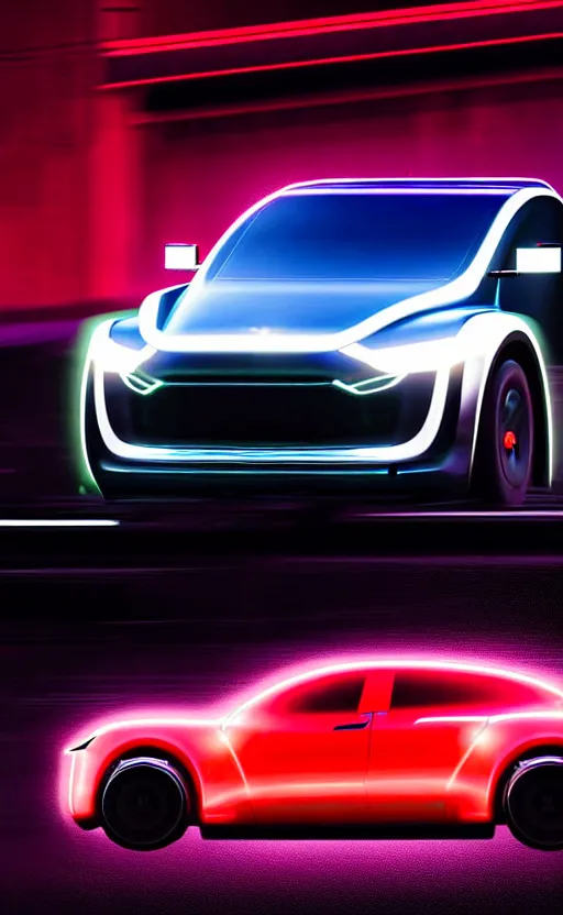 Prompt: ultra realistic and intricate detailed photograph of tesla cybertruck while racing on a neon race, new york city, movie shot, innovation, depth of field, ambient lighting, award winning, stunning