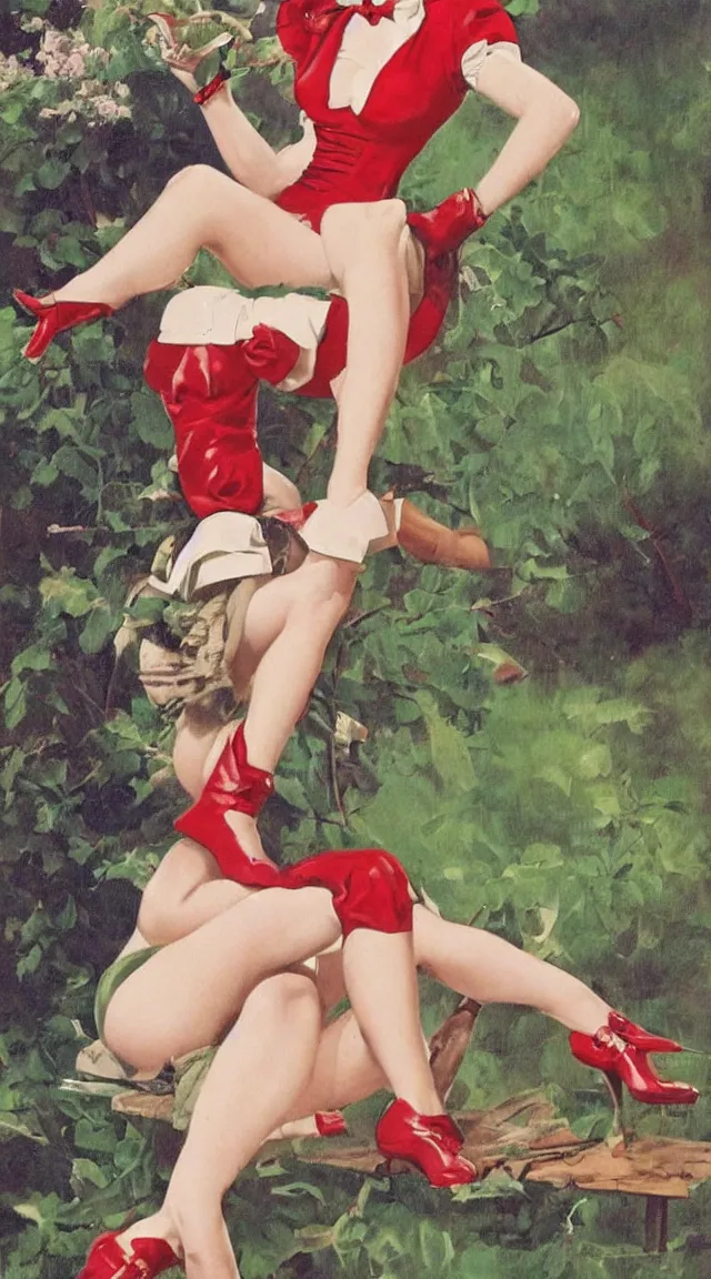 Image similar to a portrait one full body pin up post war dressing a military unioform,garden backgound Gil Elvgren style