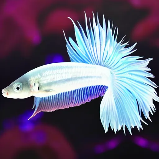 Image similar to a graceful iridescent white betta fish with long swirling fins, black-water-background