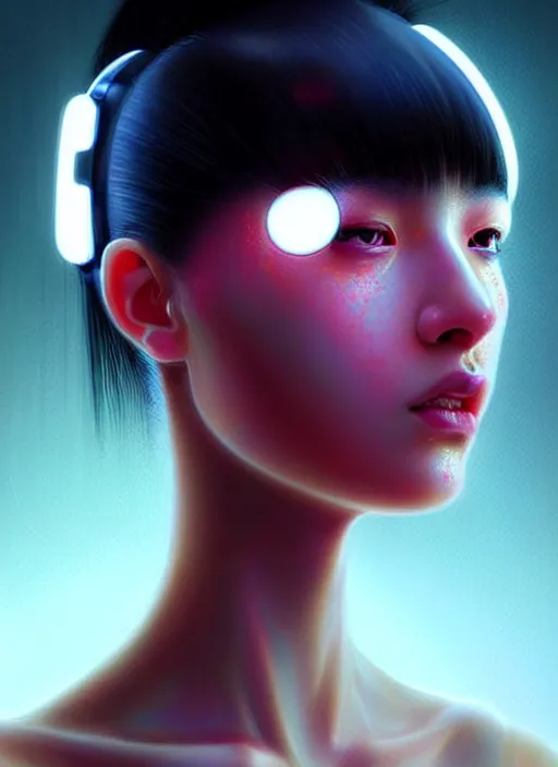 Image similar to photorealistic an oriental female humanoid with heavy freckle cheeks, cyber neon lightings, futurism, cyberpunk high fashion, glamorous profile pose, intricate details, crispy quality, digital photography, trending in artstation, trending in pinterest, no watermark signature, cinematic, 4 k ultra hd, art by artgerm, art by greg rutkowski, art by pascal blanche