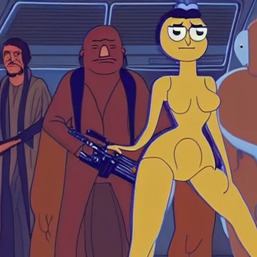 Image similar to kim kardashian in star wars with the beatles and bird person from rick and morty simpsons style high detail