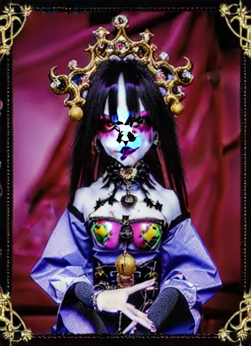 Prompt: baroque bedazzled gothic royalty frames surrounding a pixelsort emo demonic horrorcore japanese beautiful jester visual kei doll, low quality sharpened graphics, remastered chromatic aberration