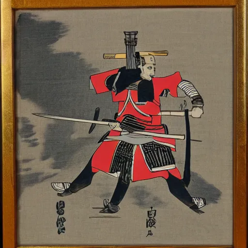 Image similar to samurai with helmet and sword in fighting position, asian styled house in background