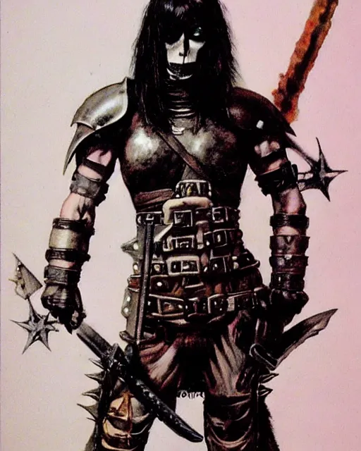 Prompt: portrait of a skinny punk goth soldier wearing armor by simon bisley, john blance, frank frazetta, fantasy, barbarian