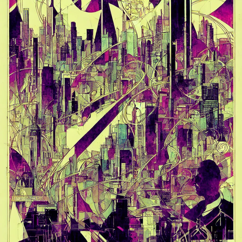 Image similar to bill sienkiewicz art nouveau city