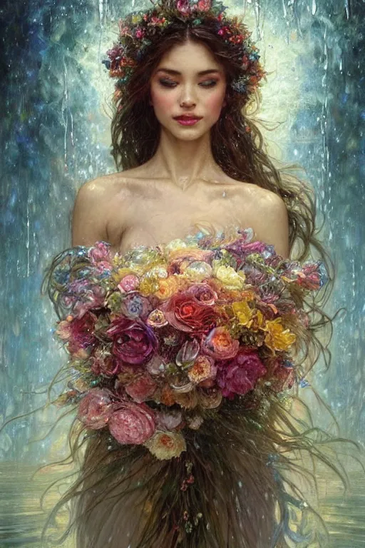 Image similar to portrait of a beautiful mysterious woman holding a bouquet of flowing flowers, wet dripping long hair, hands hidden under the bouquet, emerging from the water, fantasy, regal, intricate, by stanley artgerm lau, greg rutkowski, thomas kindkade, alphonse mucha, loish, norman rockwell