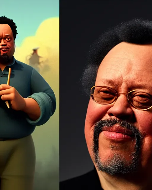 Image similar to disney pixar portrait 8 k photo of charles mingus on a smoky stage : : by weta, greg rutkowski, wlop, ilya kuvshinov, rossdraws, artgerm, annie leibovitz, rave, unreal engine, alphonse mucha : :