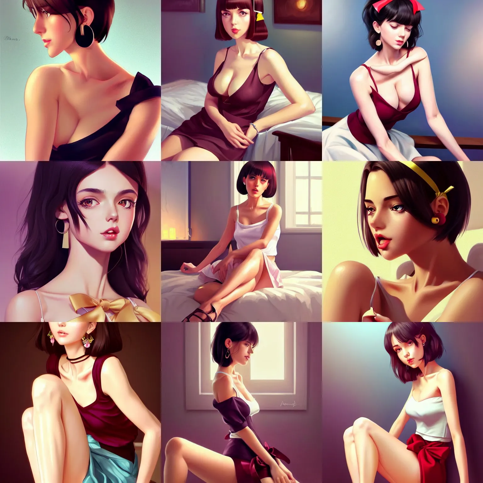 Prompt: sexy girl in a low cut blouse and short skirt, seductive pose!!!, shoulder-length hair, ribbon in her hair, earrings, sitting on a bed. highly detailed, digital painting, in the style of artgerm and ilya kuvshinov, high definition digital art!!!!!!!!!!