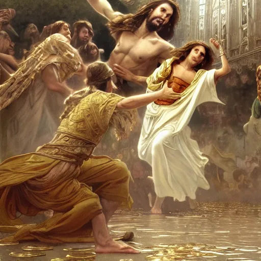 Prompt: a detailed picture of jesus throwing the merchants out of the temple, thrown tables, scattered gold coins, fleeing merchants, fantasy, intricate, elegant, highly detailed, digital painting, artstation, matte, sharp focus, illustration, art by john collier and albert aublet and krenz cushart and artem demura and alphonse mucha