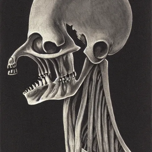 Image similar to humanoid with crooked teeth, two black eyes, long open black mouth, alien looking, big forehead, horrifying, killer, creepy, dead, slightly realistic, long neck, boney, monster, tall, skinny, skullish, deathly, in the style of alfred kubin