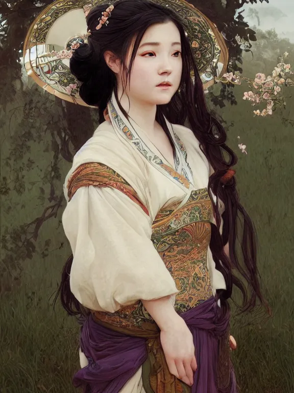 Image similar to portrait of a beautiful seductive slightly plump european girl wearing hanfu, farm background, fantasy, d & d, dark eyeliner, intricate, elegant, highly detailed, digital painting, artstation, concept art, matte, sharp focus, illustration, art by greg rutkowski and alphonse mucha